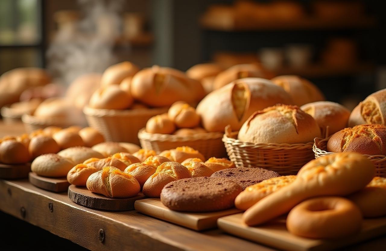 Una selezione di pani artigianali e dolci di Vesta Forno illuminati da una luce calda.