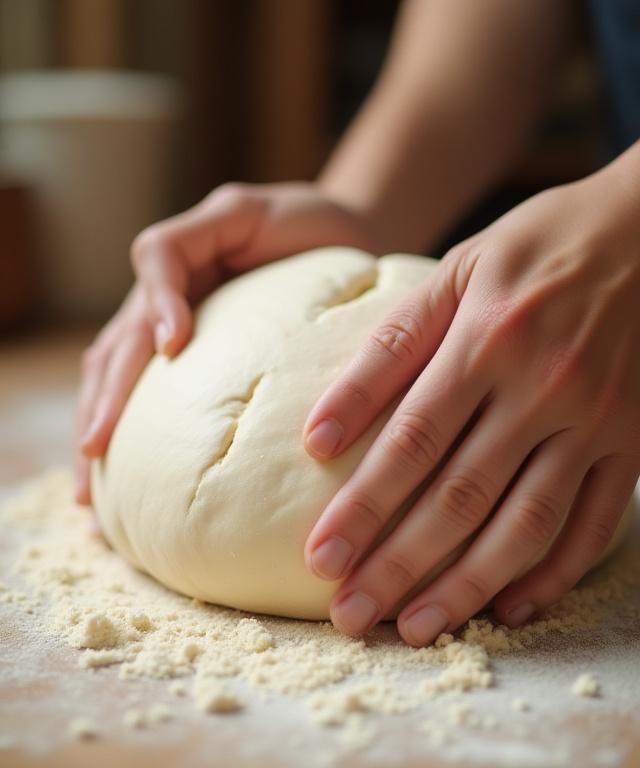Mani di un fornaio che lavorano delicatamente un impasto a lunga lievitazione.