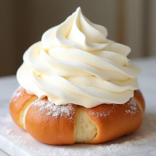 Maritozzo con un'abbondante farcitura di panna fresca.